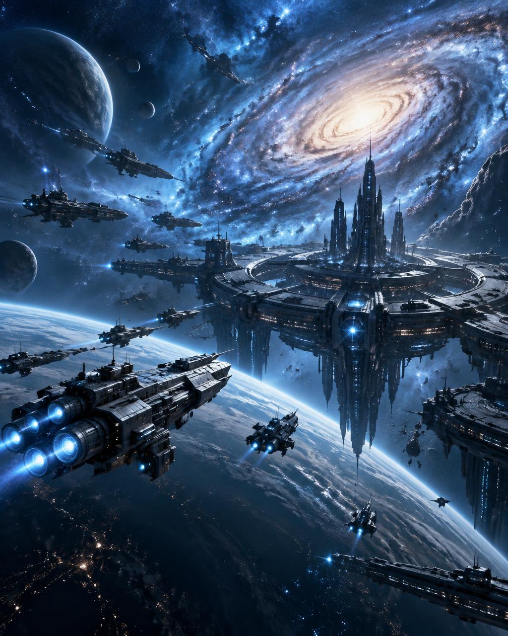 StarGames キービジュアル:星雲を背景に集結する艦隊と宇宙要塞